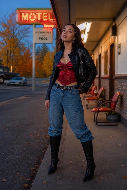 Fashion outfit featuring a red ruched corset top, black leather jacket, relaxed blue cargo jeans, studded belt, black knee-high boots, and a shoulder bag.
