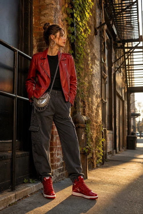 A street-style outfit featuring a red leather jacket, black top, charcoal cargo pants, red high-top sneakers, hoop earrings, and a silver chain bag.