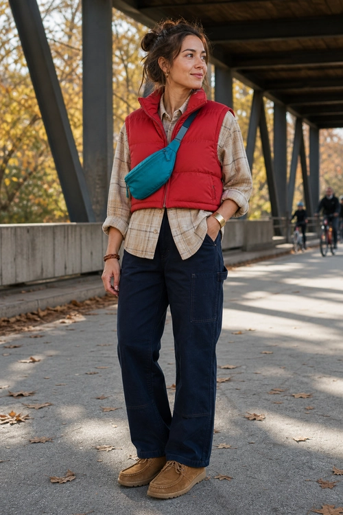 Casual outfit featuring a red quilted puffer vest over a beige plaid shirt, dark wide-leg pants, tan shoes, and a teal crossbody bag.