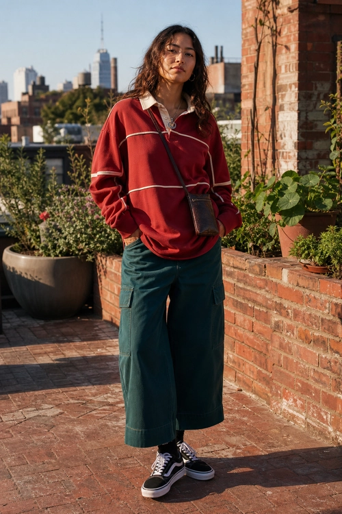A person wears a red piped pullover with dark green wide-leg cargo pants, black sneakers, and a black crossbody bag on a rooftop terrace.