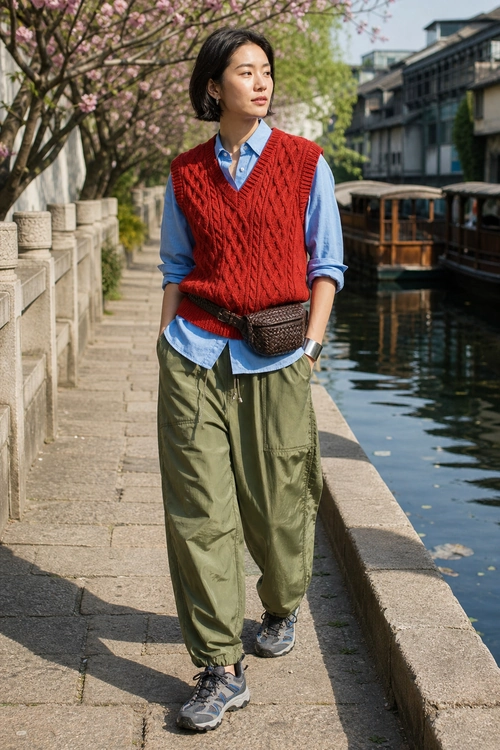 Casual outfit with a red cable-knit sweater vest over a blue button-down shirt, olive green loose pants, gray sneakers, and a brown waist bag.
