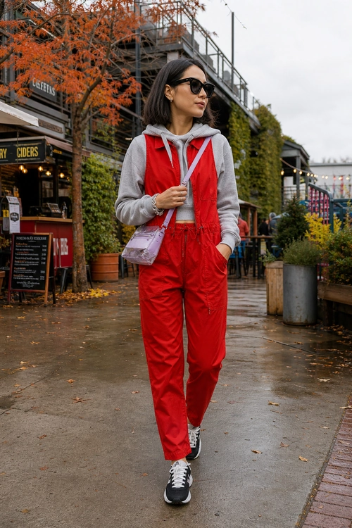 Street-style outfit featuring a gray hoodie layered under a red sleeveless vest with matching red pants, black-and-white sneakers, sunglasses, and a small pink shoulder bag.