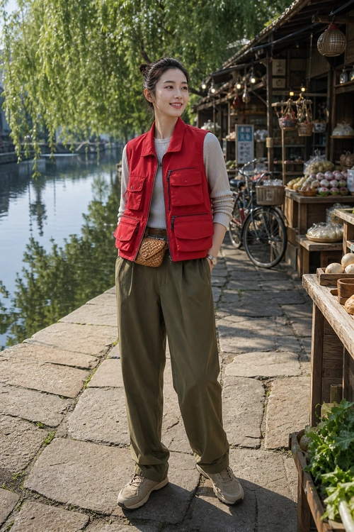 A woman wears a red utility vest over a beige long-sleeve top with olive wide-leg trousers and beige sneakers.