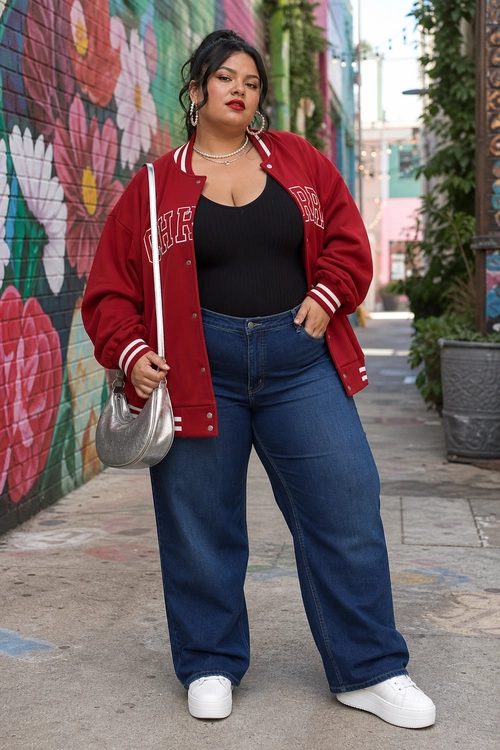 A casual outfit featuring a red varsity jacket over a black top, wide-leg blue jeans, white sneakers, and a silver shoulder bag.