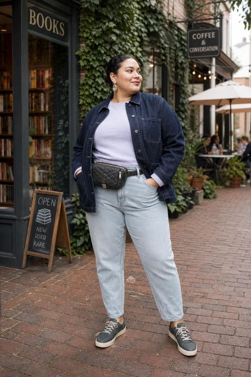 Relaxed Denim Street Style A casual outfit with a dark denim jacket, lilac top, light wash jeans, belt bag, and sneakers.