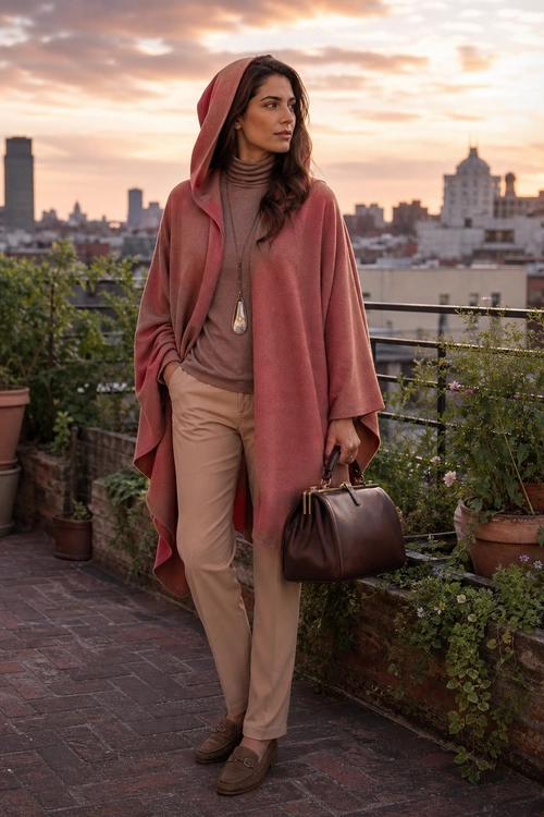 Rose Hooded Cape Outfit A woman wears a rose hooded cape over a taupe turtleneck, beige trousers, brown loafers, and carries a dark brown handbag.