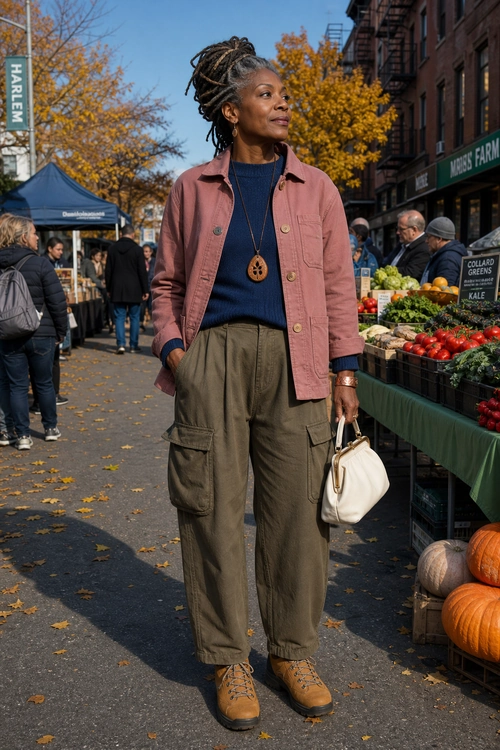 A woman wears a rose utility jacket over a navy sweater with olive cargo pants, tan lace-up shoes, and a cream handbag at an outdoor market.