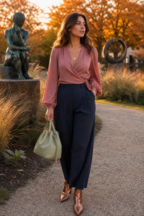 Woman wearing a dusty rose wrap blouse, navy wide-leg trousers, pointed brown ankle boots, and carrying a pale green handbag.