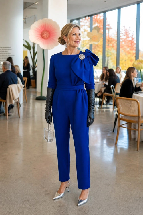 A woman wears a royal blue jumpsuit with a statement shoulder bow, black gloves, silver pointed heels, and a clear handbag.
