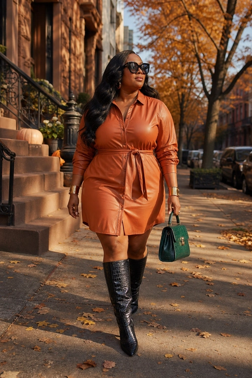 A woman wears a rust belted shirt dress with black knee-high boots, oversized sunglasses, gold jewelry, and a green handbag on an autumn sidewalk.