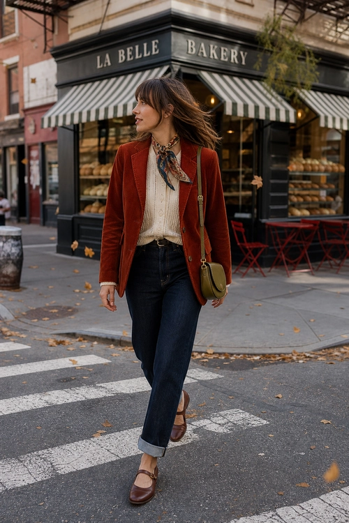 Rust Blazer and Cuffed Jeans Woman wearing a rust blazer, cream blouse, patterned neck scarf, dark cuffed jeans, brown flats, and an olive shoulder bag on a city street.