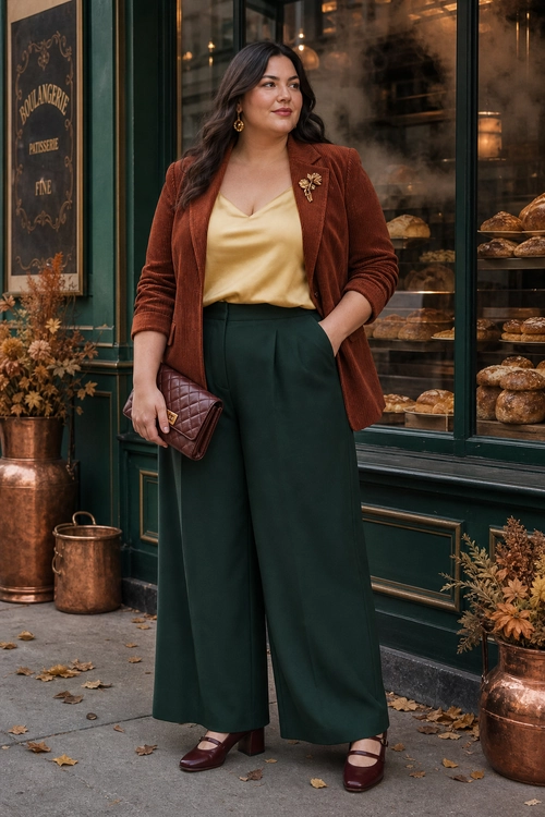 Rust Blazer and Green Trousers A woman wears a rust blazer over a champagne cowl-neck top with dark green wide-leg trousers, burgundy heels, and a quilted clutch.