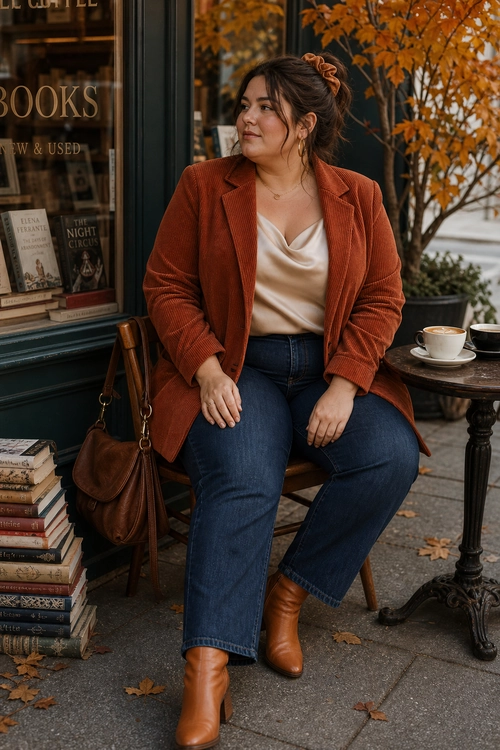 Rust Blazer Café Outfit A woman sits outside a bookstore café wearing a rust blazer, cream draped camisole, dark blue jeans, and brown ankle boots.