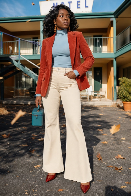 Rust Blazer and Wide-Leg Pants Outfit A woman wears a rust blazer over a blue-gray turtleneck with cream wide-leg pants, red pointed heels, and a turquoise handbag.