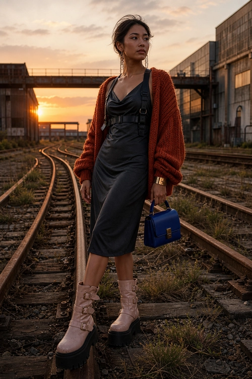 Rust Cardigan and Black Slip Dress A woman wears a rust knit cardigan over a black slip dress with platform buckle boots and carries a blue handbag.