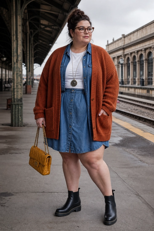A layered outfit featuring a rust cardigan, white top, denim shirt, denim skirt, black ankle boots, glasses, and a mustard quilted shoulder bag.