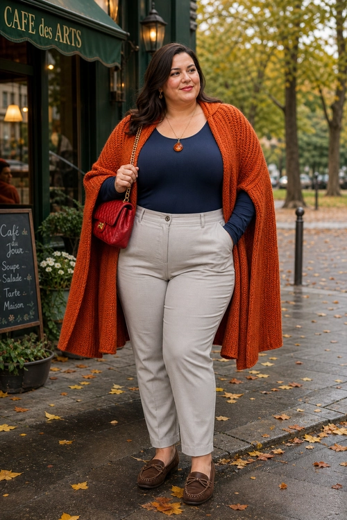 Rust Cardigan and Navy Top Outfit A navy long-sleeve top and light beige trousers styled with a rust-orange knit cardigan, brown loafers, a red shoulder bag, and a pendant necklace.