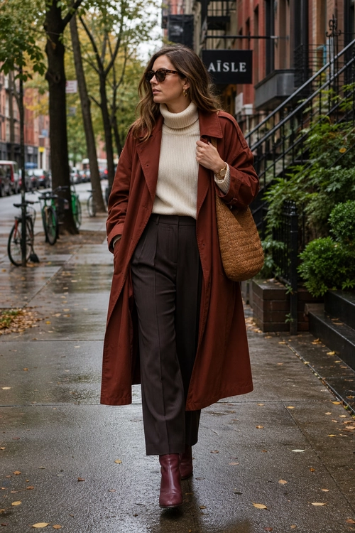 A woman wears a rust-colored long coat over a cream turtleneck sweater with dark brown trousers, burgundy ankle boots, sunglasses, and a woven shoulder bag.