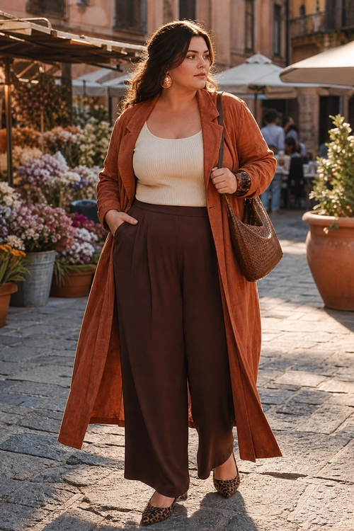 Rust Coat and Wide-Leg Trousers A woman wears a rust long coat over a cream knit top with brown wide-leg trousers, a woven shoulder bag, hoop earrings, and leopard-print flats.