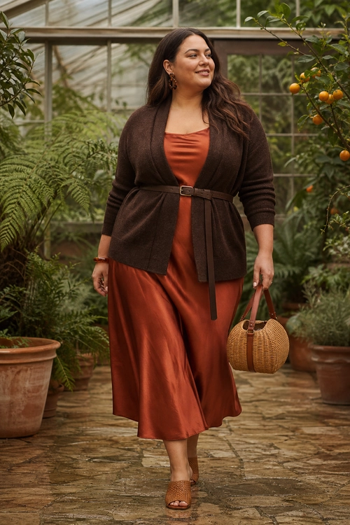 Rust Satin Dress with Brown Cardigan A woman wears a rust satin midi dress with a belted dark brown cardigan, woven handbag, earrings, bracelet, and brown sandals in a greenhouse setting.