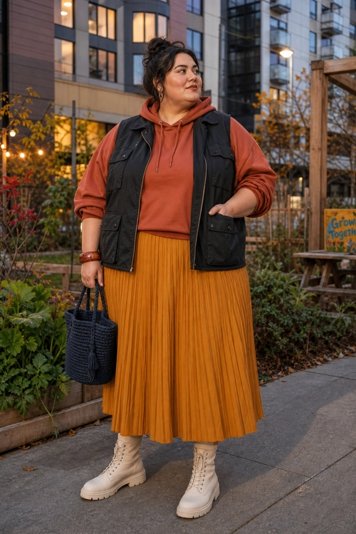 Rust Hoodie and Pleated Skirt Outfit A person wears a rust hoodie, black utility vest, mustard pleated skirt, cream lace-up boots, and carries a dark woven tote.