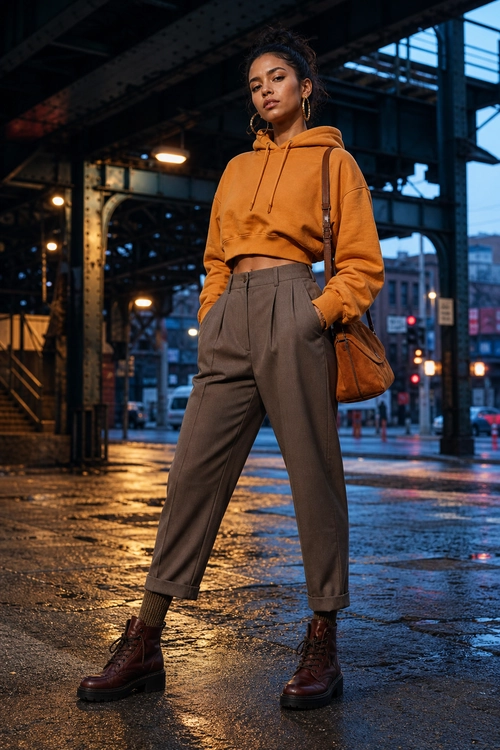 Rust Hoodie and Pleated Trousers Outfit A rust cropped hoodie styled with taupe pleated trousers, burgundy lace-up ankle boots, and a brown shoulder bag.