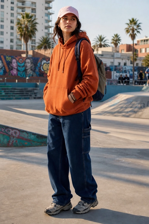 Rust Hoodie Skatepark Outfit Casual outfit featuring a rust orange hoodie, pink baseball cap, loose dark blue jeans, gray sneakers, and a dark backpack at a skatepark.