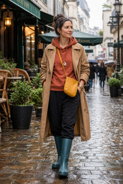 Rust Hoodie and Tan Trench Outfit A woman wears a rust hoodie, tan trench coat, black jogger pants, dark teal rain boots, and a mustard yellow crossbody bag on a wet street.