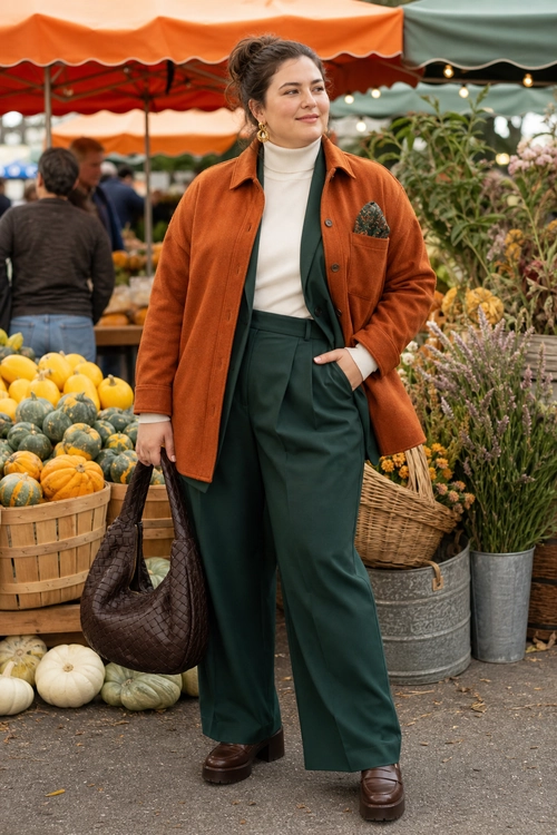 Rust Jacket and Green Trousers A woman wears a rust orange jacket over a cream turtleneck with dark green wide-leg trousers, brown loafers, and a brown shoulder bag.