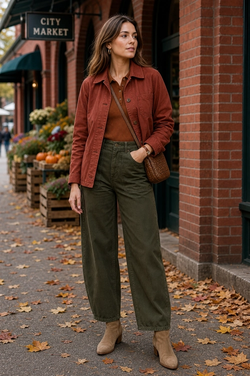 Rust Jacket and Olive Trousers Outfit A woman wears a rust jacket over a ribbed top with olive wide-leg trousers, tan ankle boots, and a brown crossbody bag.
