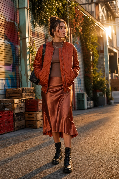 Rust Quilted Jacket and Satin Skirt Outfit A street style outfit featuring a rust quilted jacket, brown top, satin midi skirt, black lace-up boots, and a shoulder bag.
