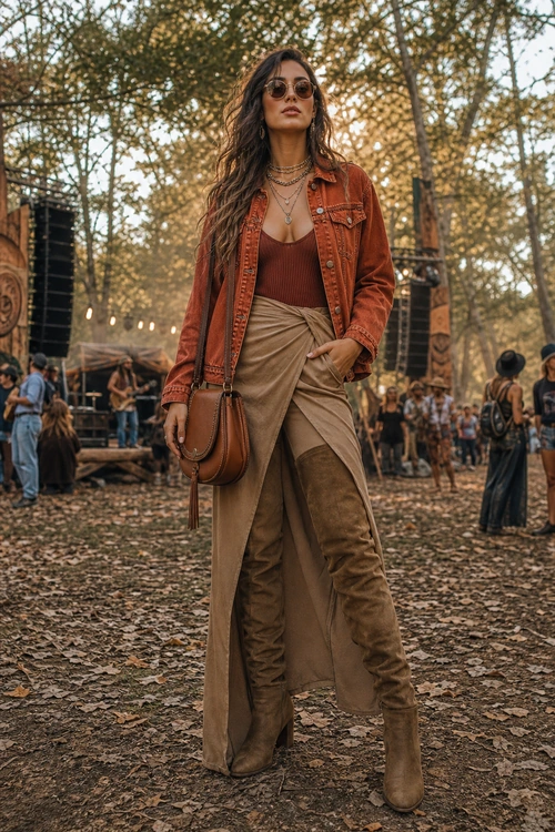 A woman wears a rust denim jacket, brown ribbed top, taupe wrap skirt over trousers, tall brown boots, sunglasses, layered necklaces, and a brown crossbody bag.