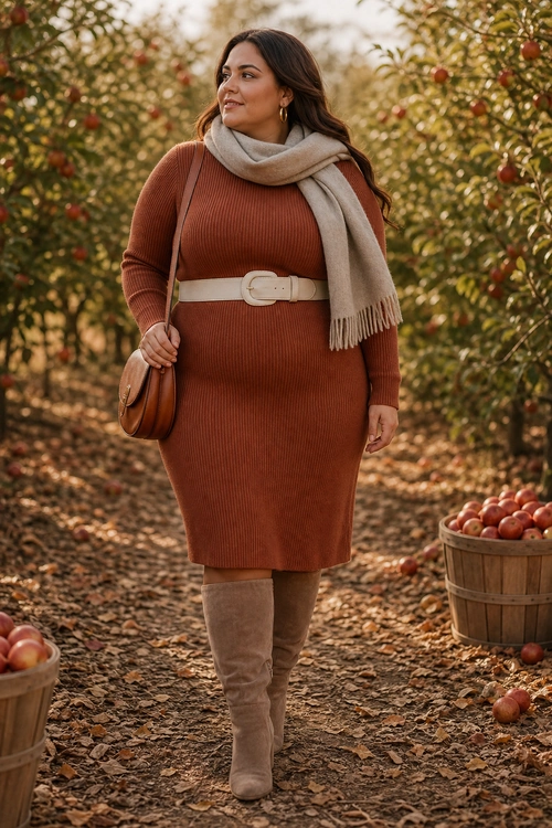 A woman wears a rust ribbed knit midi dress with a beige scarf, cream belt, tan shoulder bag, and taupe knee-high boots in an apple orchard.