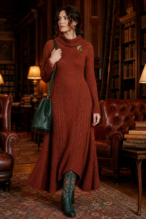 Rust Knit Dress with Green Boots A woman wears a rust-colored long-sleeve knit dress with a floral brooch, dark green shoulder bag, patterned tights, and green embroidered boots.