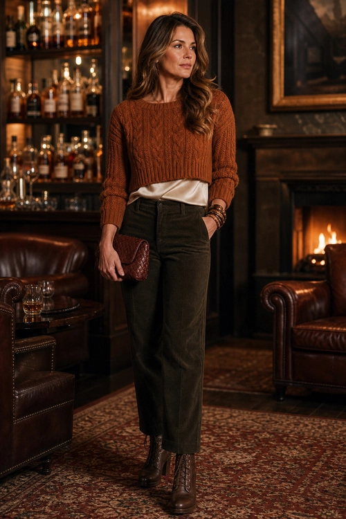 A woman wears a rust cable-knit sweater over a cream top with dark olive wide-leg trousers, brown ankle boots, bracelets, and a burgundy clutch.