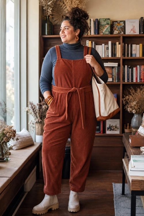 Rust Overalls and Navy Turtleneck A person wears rust corduroy overalls over a navy turtleneck with white ankle boots, hoop earrings, bangles, and a cream tote bag.