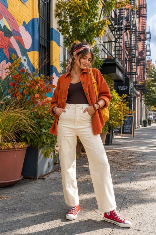 Casual street-style outfit featuring a rust overshirt, dark tank top, cream wide-leg pants, red high-top sneakers, and a mustard shoulder bag.