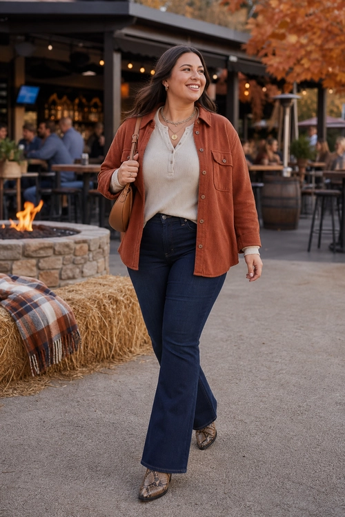 A woman wears a rust button-up overshirt over a cream top with dark flared jeans, patterned pointed shoes, layered necklaces, earrings, and a tan shoulder bag.