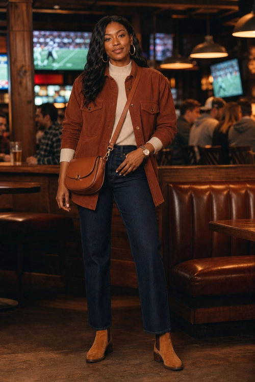 Rust Overshirt and Jeans A woman wears a rust brown overshirt over a cream turtleneck with dark jeans, tan ankle boots, and a brown crossbody bag.