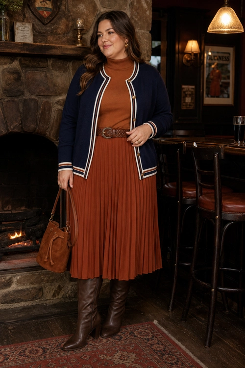 A woman wears a rust turtleneck and pleated midi skirt with a navy striped cardigan, brown belt, knee-high boots, and a brown handbag.