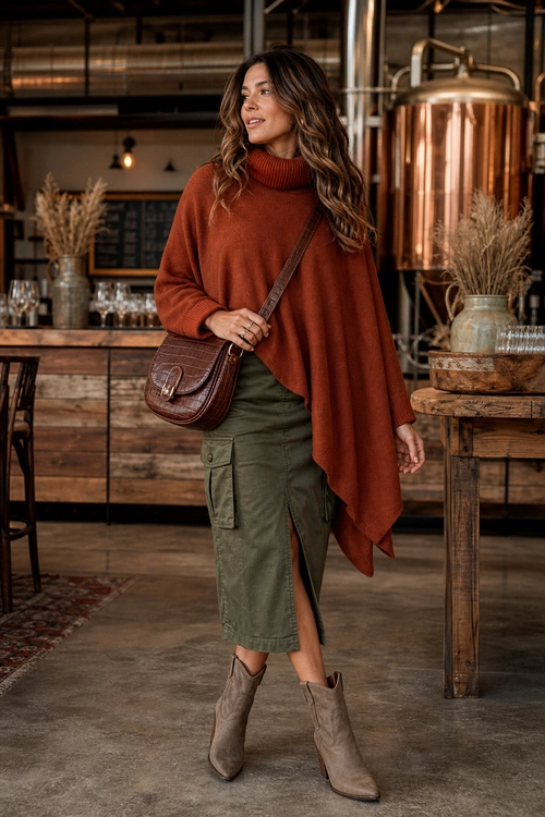 A woman wears a rust turtleneck poncho with an olive cargo midi skirt, taupe ankle boots, and a brown crossbody bag.