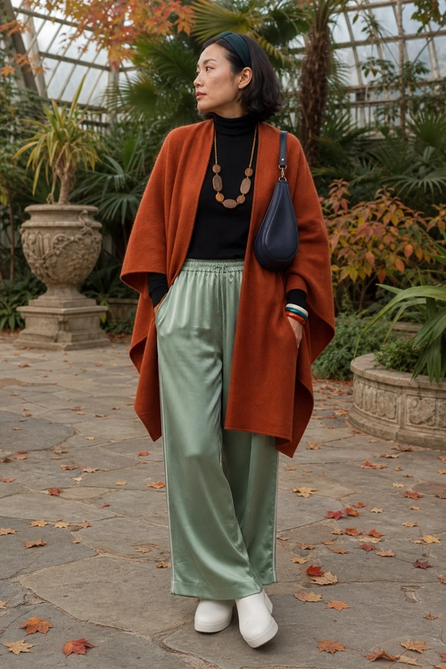 A layered outfit featuring a rust-colored poncho, black turtleneck, sage green wide-leg trousers, white shoes, and a dark shoulder bag.