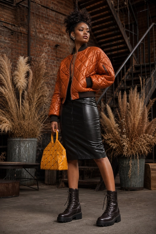 Rust Quilted Jacket and Leather Skirt A fashion look featuring a rust quilted bomber jacket, black leather skirt, black lace-up boots, and a structured orange handbag.