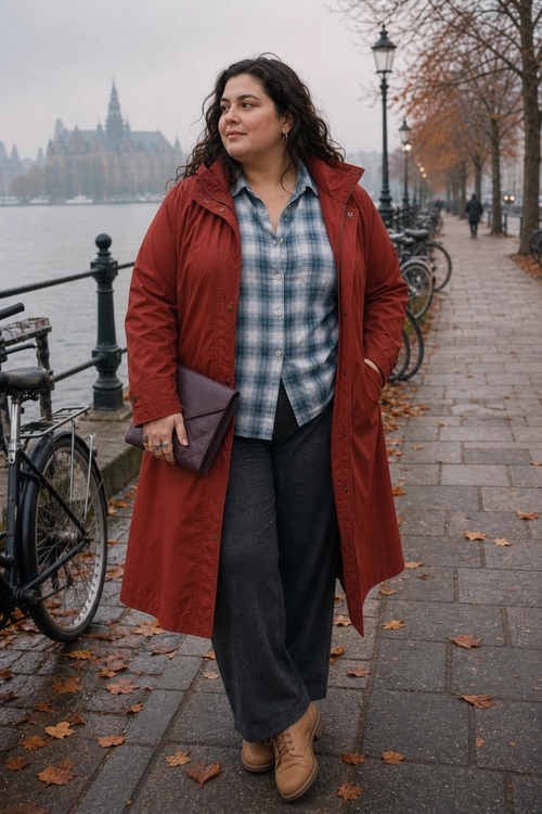 Rust Raincoat and Plaid Shirt Outfit A woman wears a rust-red long raincoat over a blue plaid shirt with dark wide-leg trousers, tan ankle boots, and a burgundy clutch.