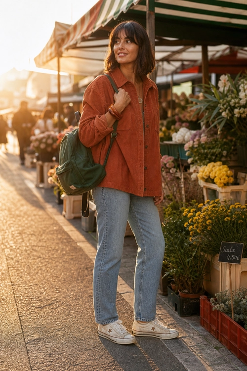 Casual outfit featuring a rust button-front shirt jacket, light blue jeans, white sneakers, and a green backpack at an outdoor flower market.