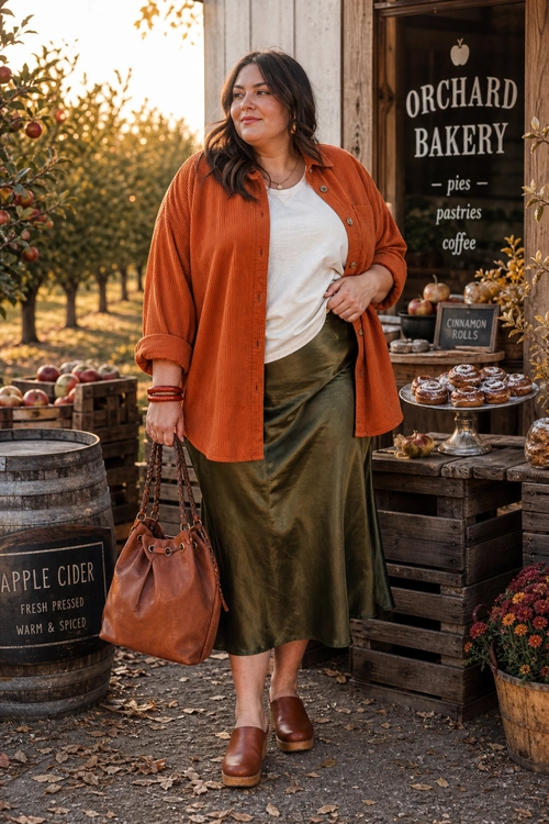 Rust Shirt and Olive Midi Skirt A woman wears a rust button-up shirt over a white tee with an olive midi skirt, brown leather bag, and brown clogs.