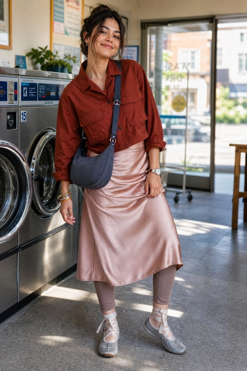 Rust Shirt and Satin Midi Skirt Outfit A rust cropped shirt styled with a pale pink satin midi skirt, leggings, a navy crossbody bag, and gray strappy flats.