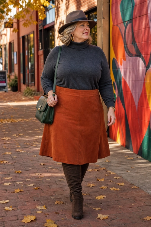 A woman wears a charcoal turtleneck sweater with a rust A-line skirt, brown tall boots, a gray wide-brim hat, and a green shoulder bag.