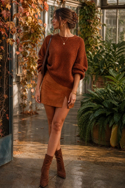A woman wears a rust ribbed sweater with a brown mini skirt and matching knee-high boots.