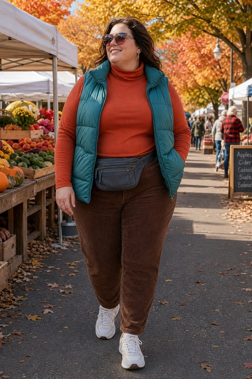 Rust Turtleneck and Teal Puffer Vest Outfit A casual autumn outfit featuring a rust turtleneck, teal quilted puffer vest, brown trousers, white sneakers, sunglasses, and a gray waist bag.